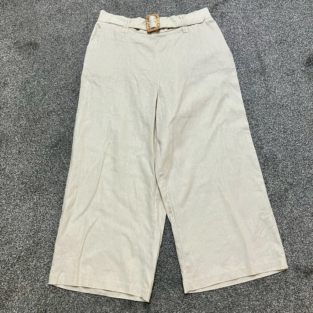 Sigrid Olsen Large Linen Pants Wide Leg‎ Elastic Waist Coastal Beachy Beige Tan